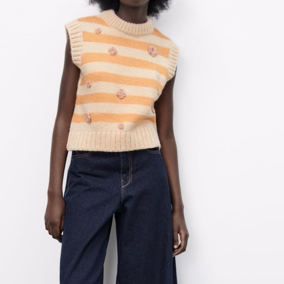 Zara Jacquard Orange Cream Sweater Vest - Picture 2 of 6
